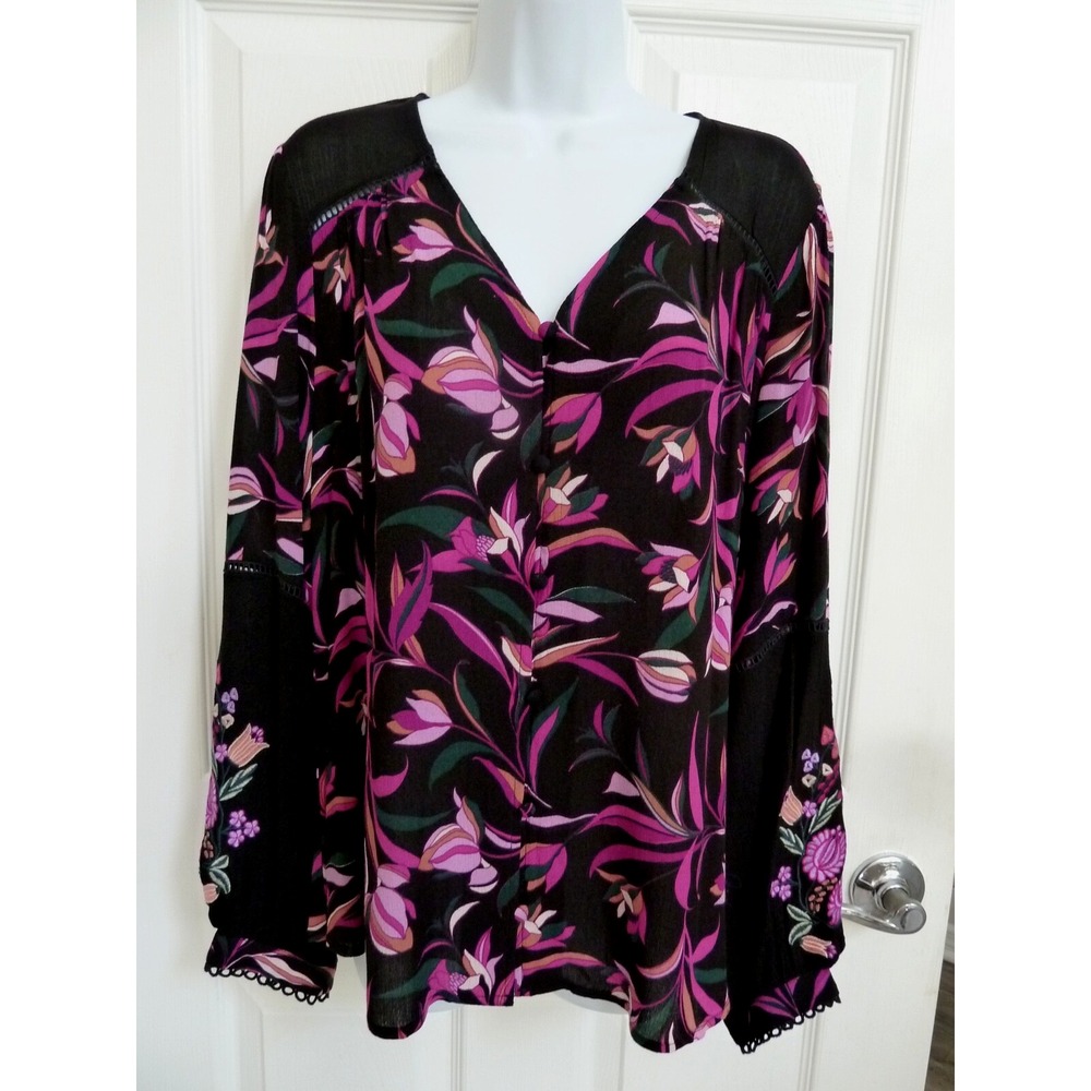 Tribal Jeans Womens M Deep Magenta Floral Embroidered Blouse 5682O-4892 NEW
